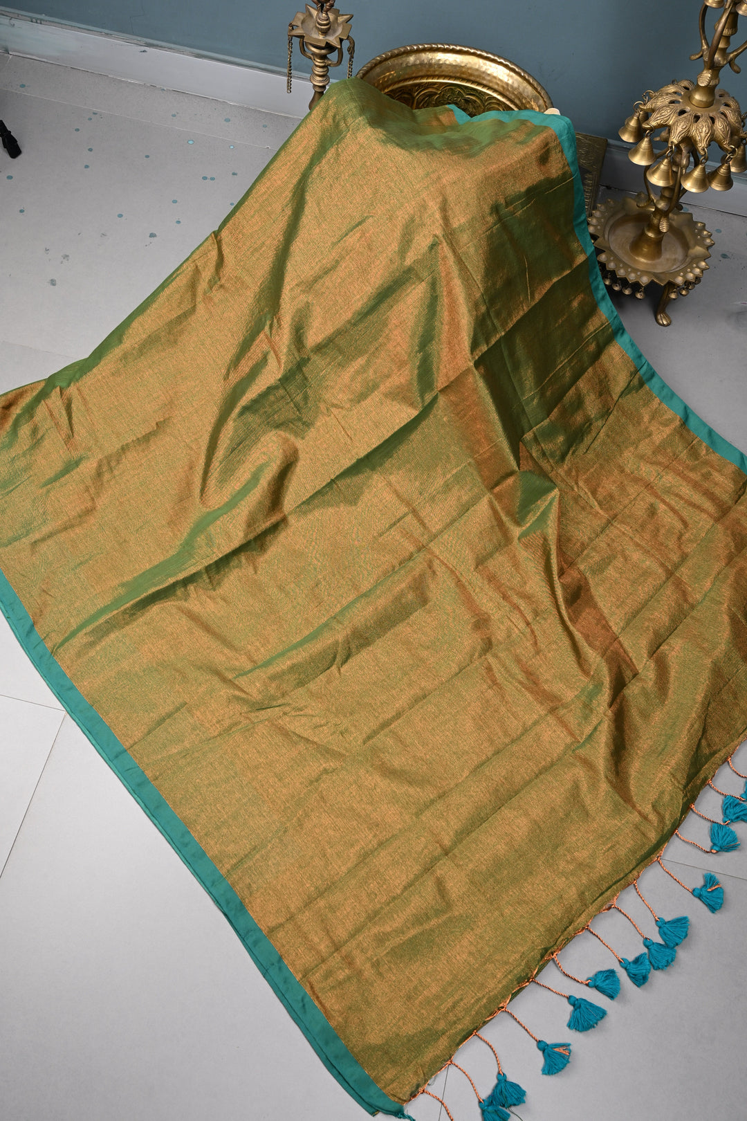 Green-Gold Tissue by Tissue Saree with Minimal Border ,No Blouse Piece| SHOBITAM