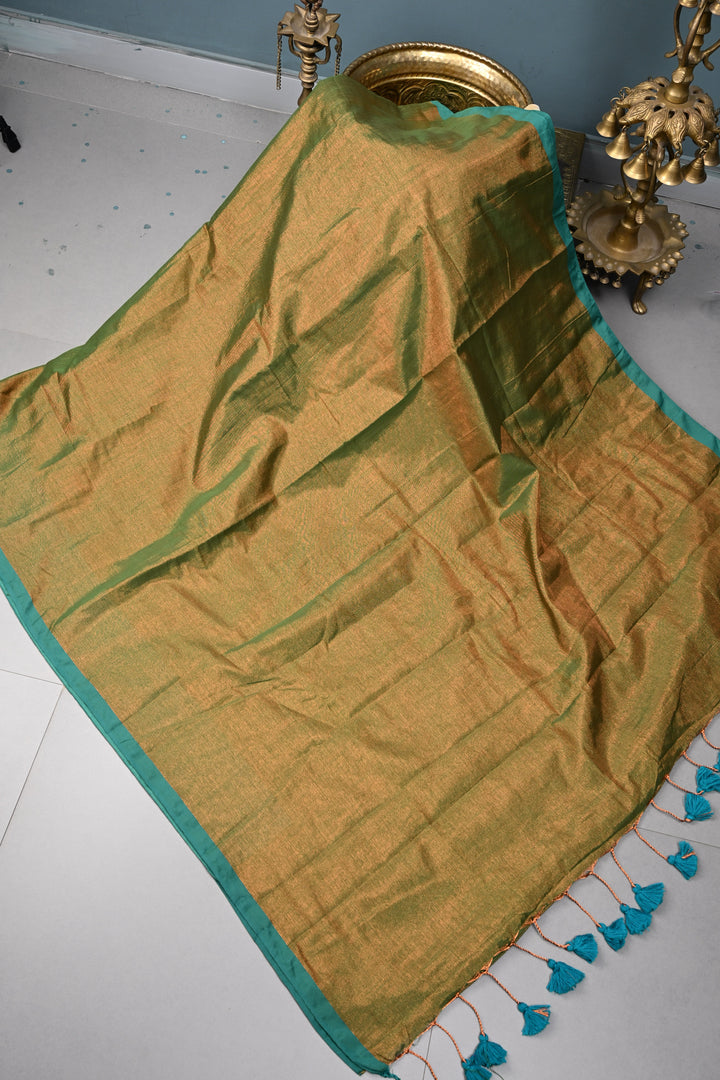 Green-Gold Tissue by Tissue Saree with Minimal Border ,No Blouse Piece| SHOBITAM