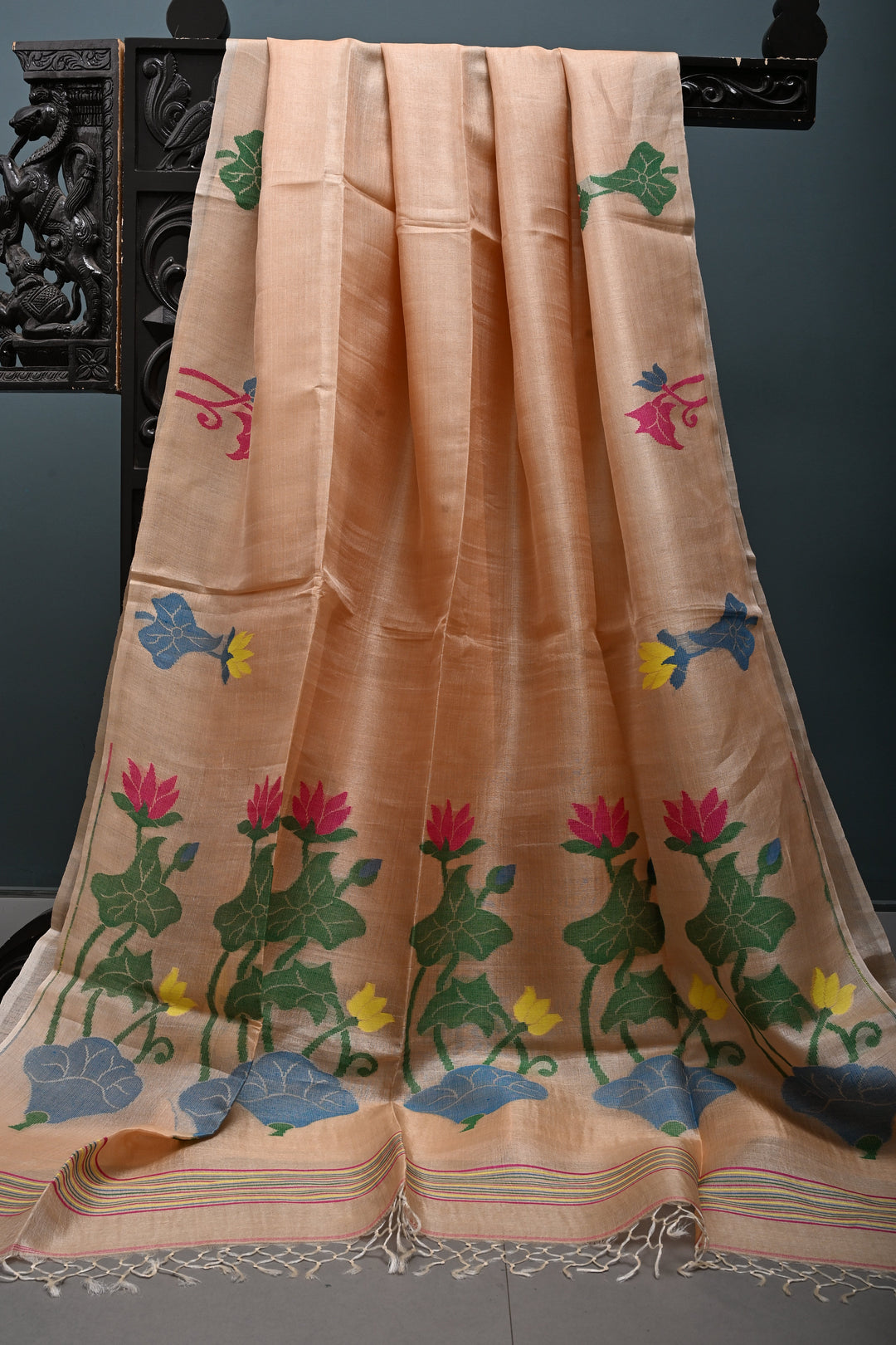 Beige Tussar Silk Saree with Jamdani Meenakari Weaving Buttas  | SILK MARK CERTIFIED | SHOBITAM