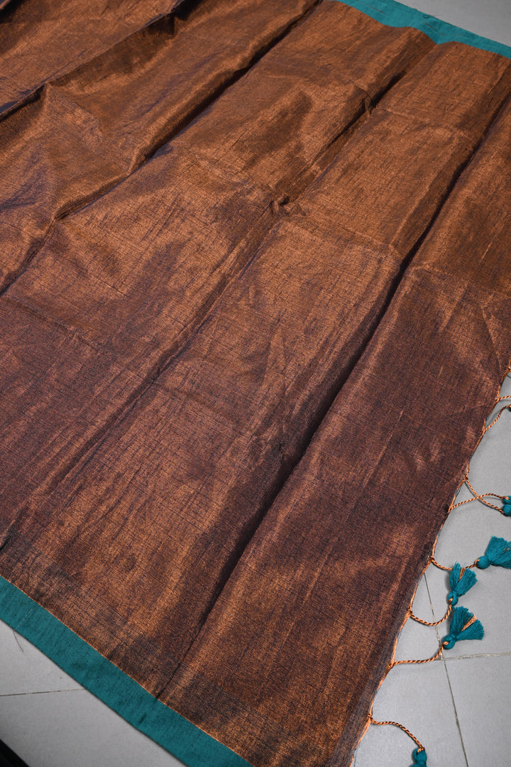 Blue-Copper Tissue by Tissue Saree with Minimal Border ,No Blouse Piece| SHOBITAM