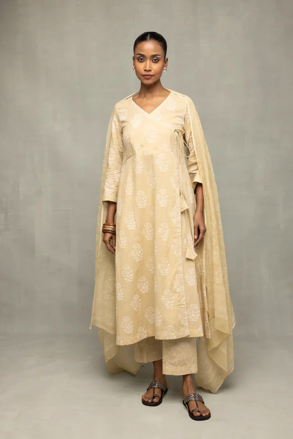 Sahara Gold Hand-Block Printed Angrakha Kurta Set with Dupatta | SHOBITAM