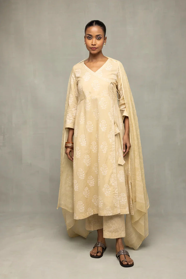 Sahara Gold Hand-Block Printed Angrakha Kurta Set with Dupatta | SHOBITAM