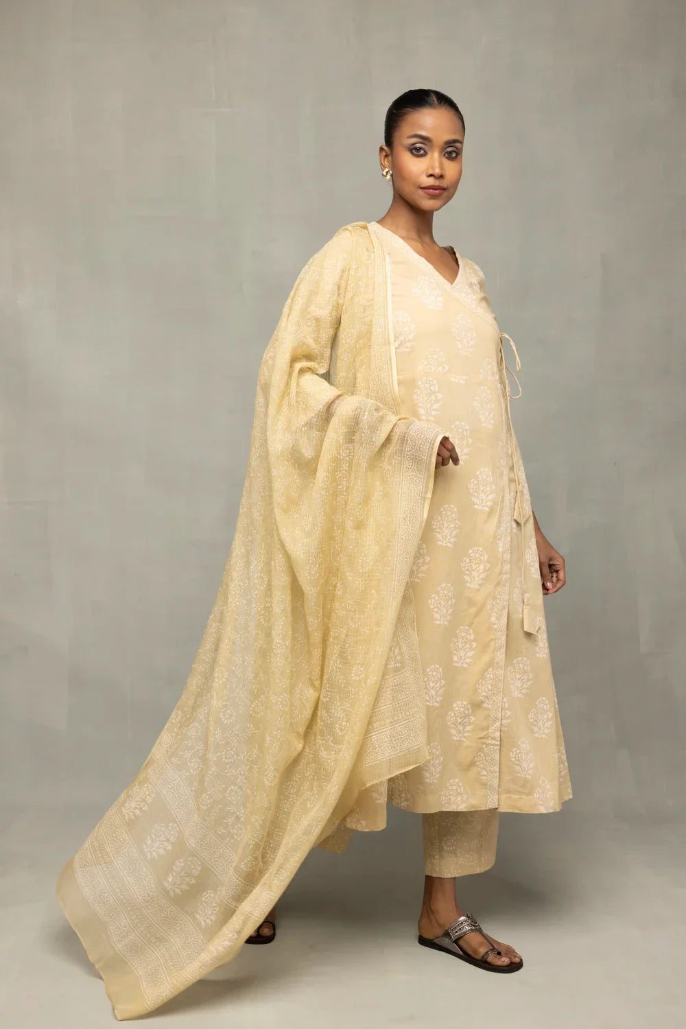 Sahara Gold Hand-Block Printed Angrakha Kurta Set with Dupatta | SHOBITAM