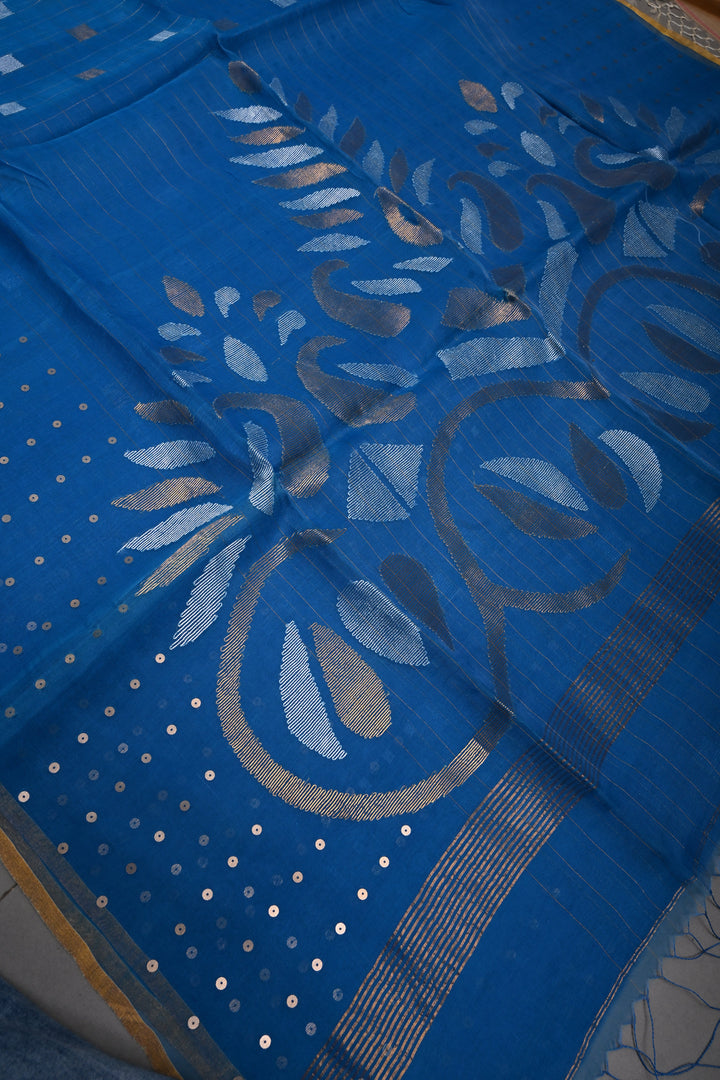 Copper Sulphate Blue Sona Rupa Jamdani Weaving on Silk  Muslin Saree with Pocket Sequins and Minimal Tissue Border | SILK MARK CERTIFIED | SHOBITAM