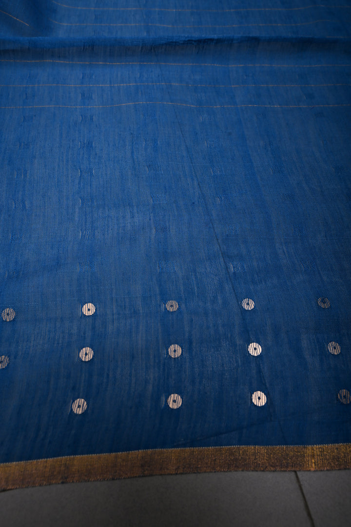 Copper Sulphate Blue Sona Rupa Jamdani Weaving on Silk  Muslin Saree with Pocket Sequins and Minimal Tissue Border | SILK MARK CERTIFIED | SHOBITAM