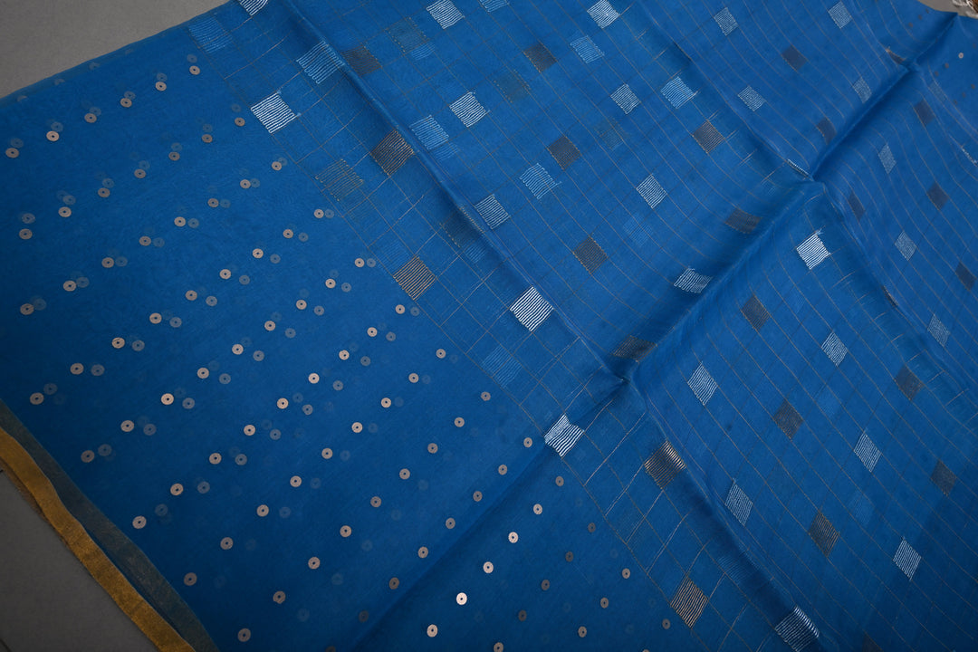 Copper Sulphate Blue Sona Rupa Jamdani Weaving on Silk  Muslin Saree with Pocket Sequins and Minimal Tissue Border | SILK MARK CERTIFIED | SHOBITAM