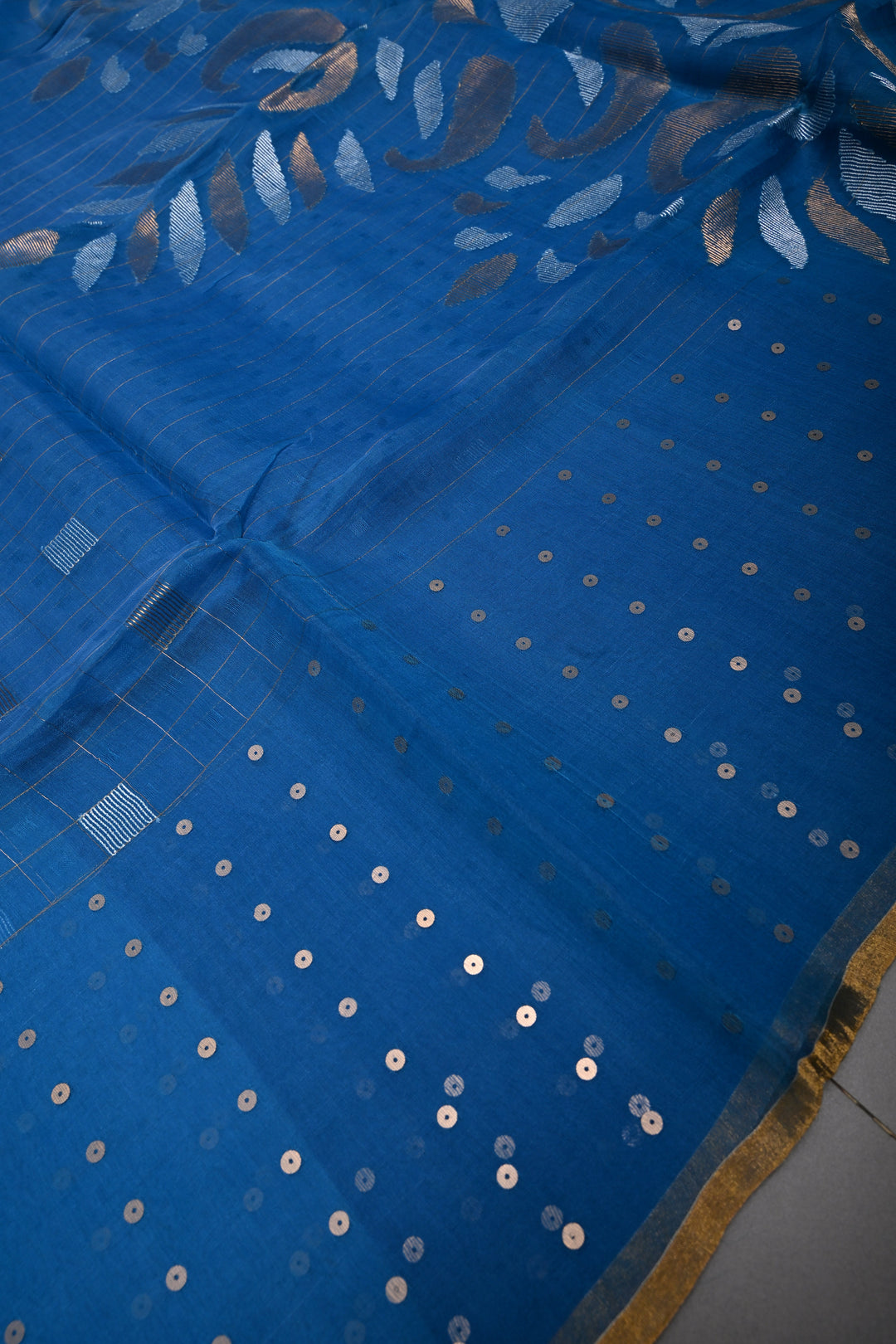 Copper Sulphate Blue Sona Rupa Jamdani Weaving on Silk  Muslin Saree with Pocket Sequins and Minimal Tissue Border | SILK MARK CERTIFIED | SHOBITAM