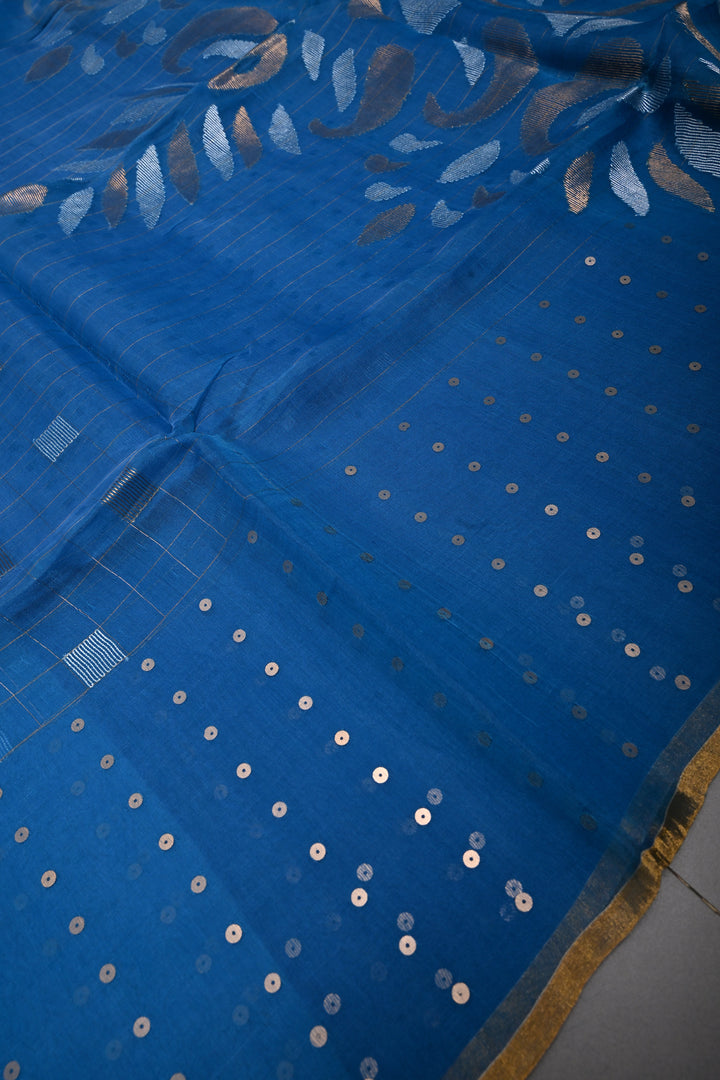 Copper Sulphate Blue Sona Rupa Jamdani Weaving on Silk  Muslin Saree with Pocket Sequins and Minimal Tissue Border | SILK MARK CERTIFIED | SHOBITAM