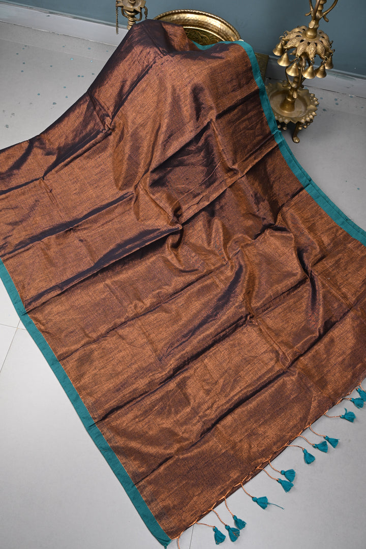 Blue-Copper Tissue by Tissue Saree with Minimal Border ,No Blouse Piece| SHOBITAM