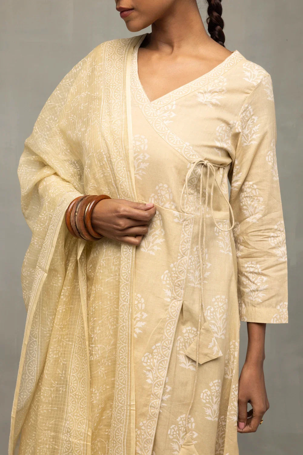 Sahara Gold Hand-Block Printed Angrakha Kurta Set with Dupatta | SHOBITAM