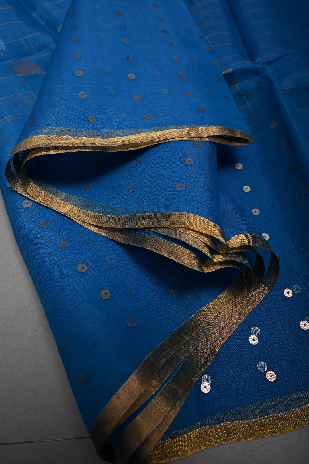 Copper Sulphate Blue Sona Rupa Jamdani Weaving on Silk  Muslin Saree with Pocket Sequins and Minimal Tissue Border | SILK MARK CERTIFIED | SHOBITAM