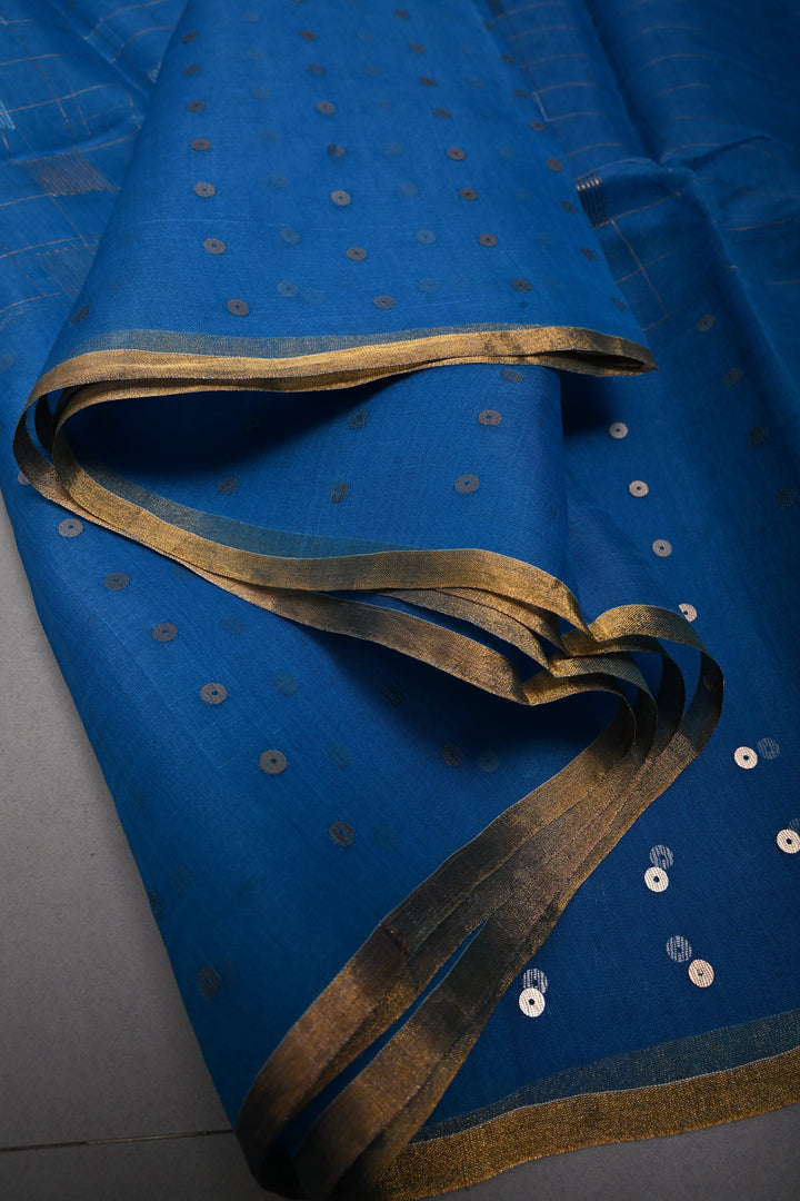 Copper Sulphate Blue Sona Rupa Jamdani Weaving on Silk  Muslin Saree with Pocket Sequins and Minimal Tissue Border | SILK MARK CERTIFIED | SHOBITAM