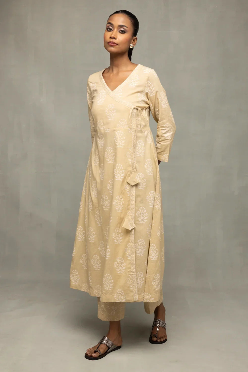 Sahara Gold Hand-Block Printed Angrakha Kurta Set with Dupatta | SHOBITAM