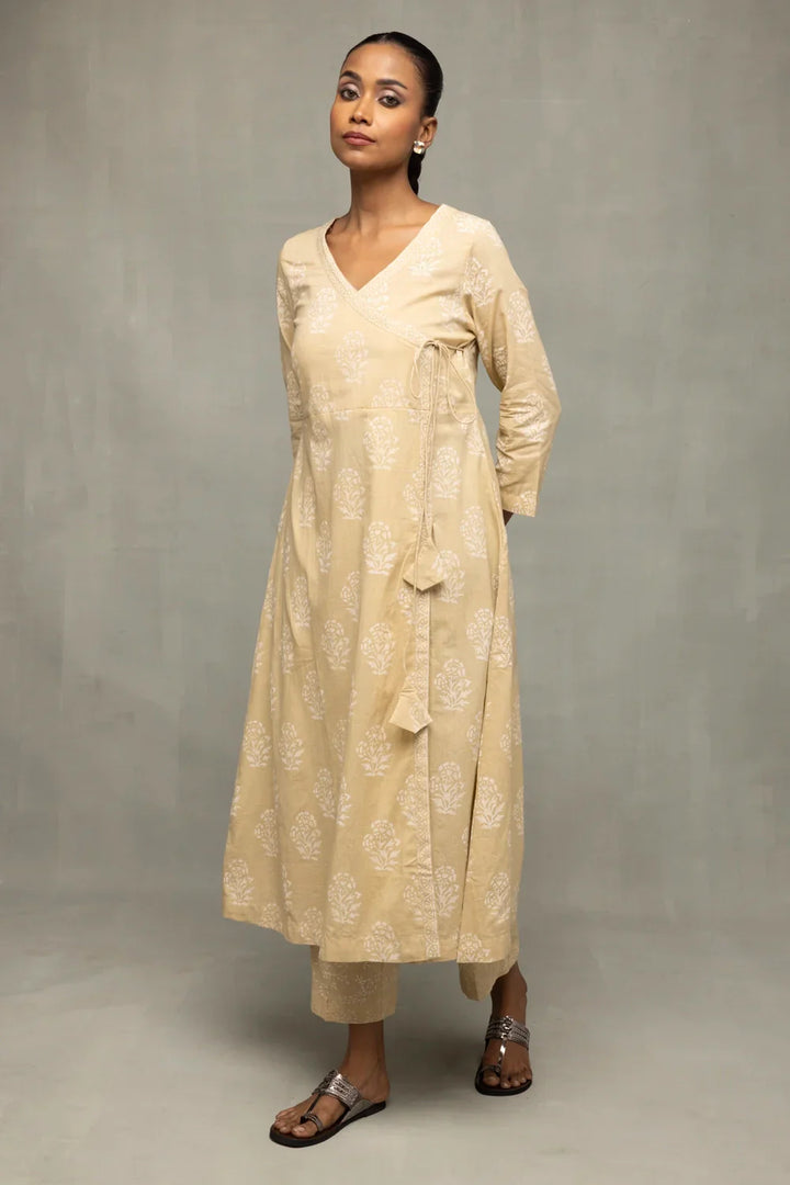 Sahara Gold Hand-Block Printed Angrakha Kurta Set with Dupatta | SHOBITAM