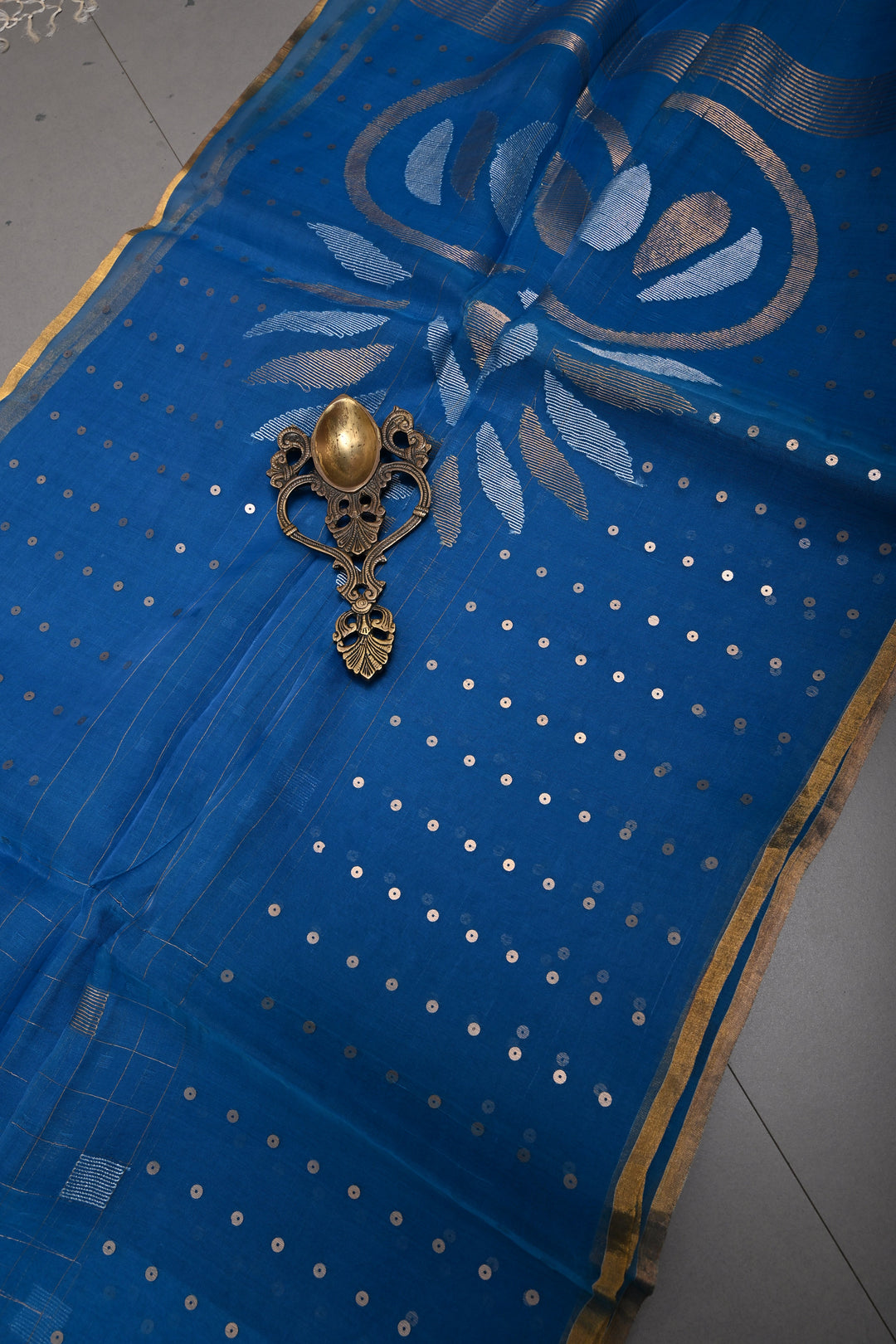 Copper Sulphate Blue Sona Rupa Jamdani Weaving on Silk  Muslin Saree with Pocket Sequins and Minimal Tissue Border | SILK MARK CERTIFIED | SHOBITAM