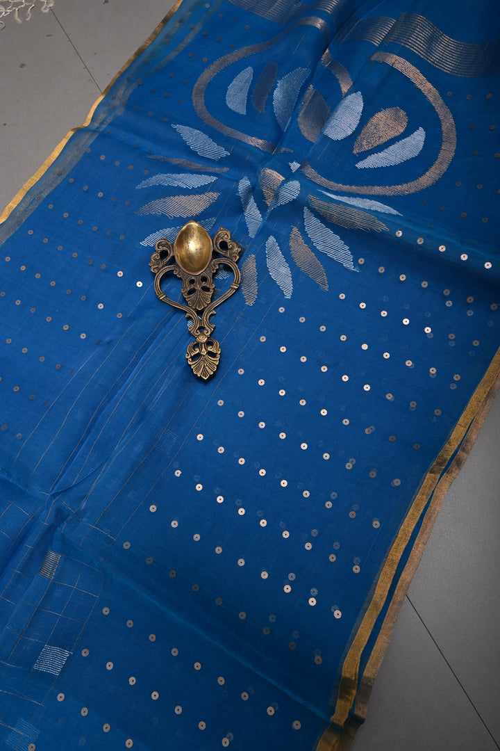 Copper Sulphate Blue Sona Rupa Jamdani Weaving on Silk  Muslin Saree with Pocket Sequins and Minimal Tissue Border | SILK MARK CERTIFIED | SHOBITAM