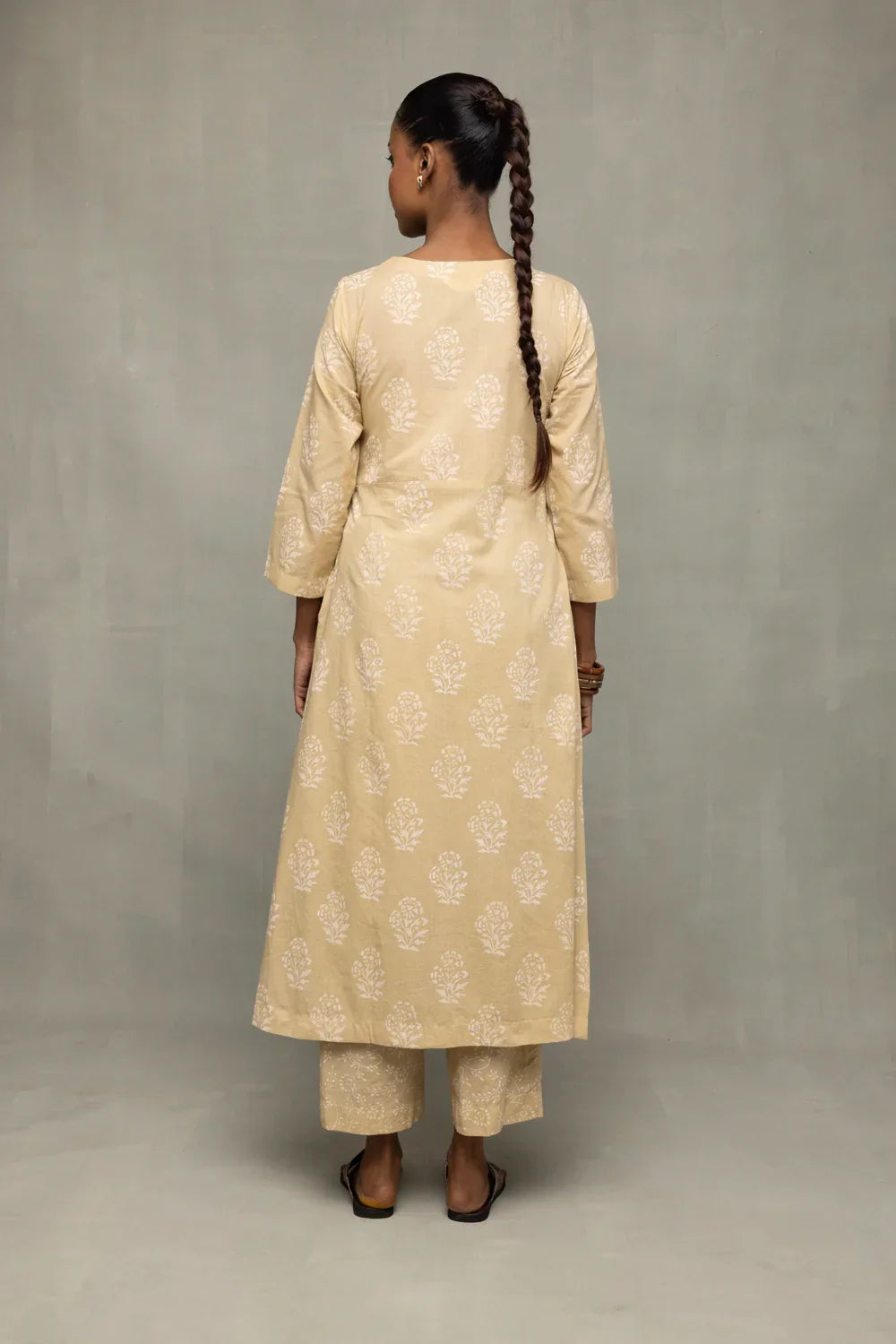 Sahara Gold Hand-Block Printed Angrakha Kurta Set with Dupatta | SHOBITAM