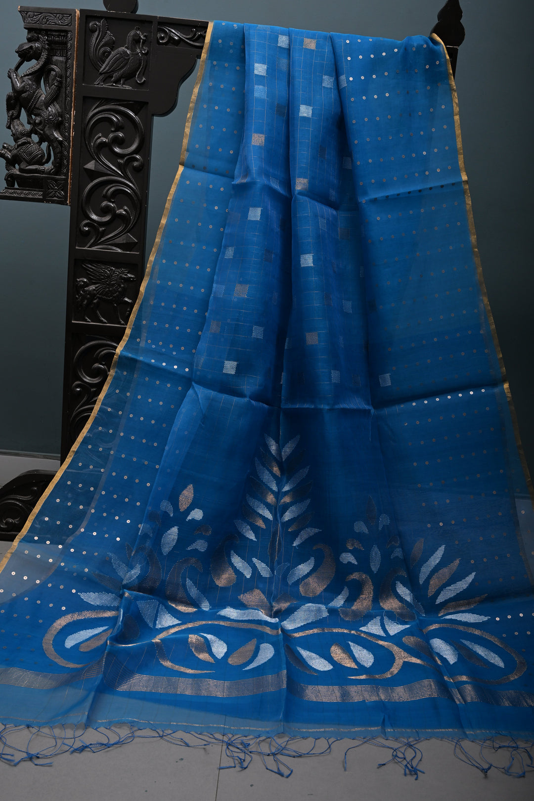 Copper Sulphate Blue Sona Rupa Jamdani Weaving on Silk  Muslin Saree with Pocket Sequins and Minimal Tissue Border | SILK MARK CERTIFIED | SHOBITAM