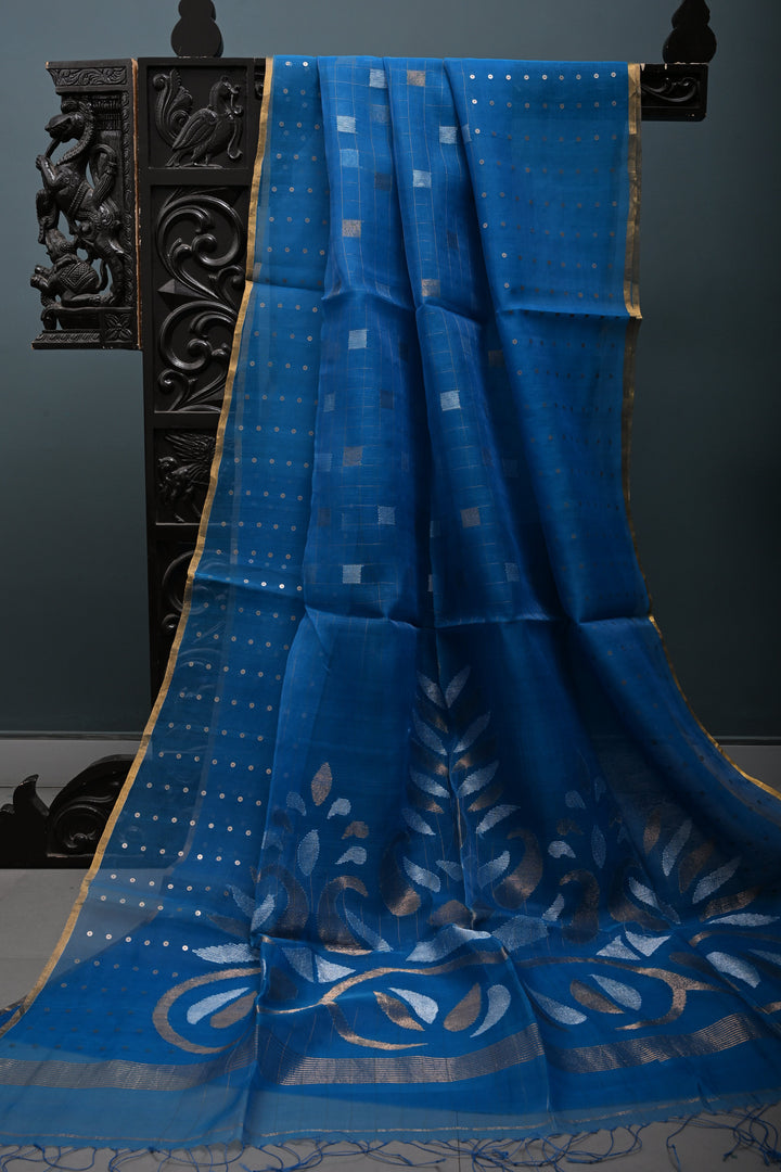 Copper Sulphate Blue Sona Rupa Jamdani Weaving on Silk  Muslin Saree with Pocket Sequins and Minimal Tissue Border | SILK MARK CERTIFIED | SHOBITAM