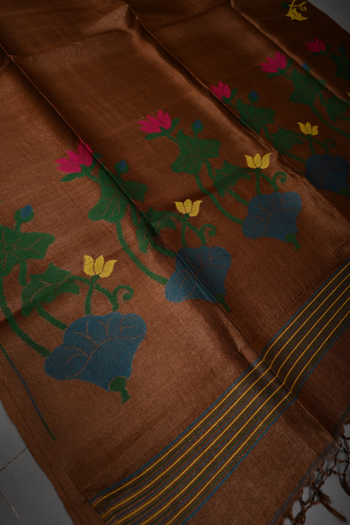 Coffee Brown Tussar Silk Saree with Jamdani Meenakari Weaving Buttas  | SILK MARK CERTIFIED | SHOBITAM
