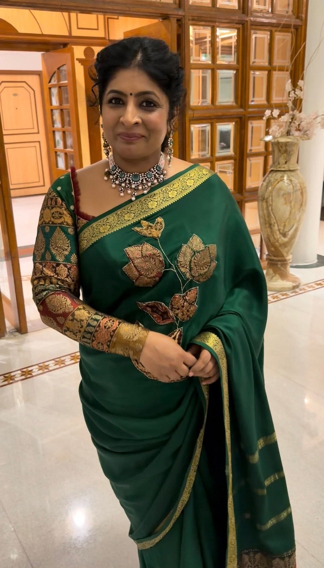 Banarasi Brocade Applique and Light Cutdana Highlights on Pure Mysore Silk Saree in Emerald Green with Minimal Zari Borders | SILK MARK CERTIFIED | SHOBITAM