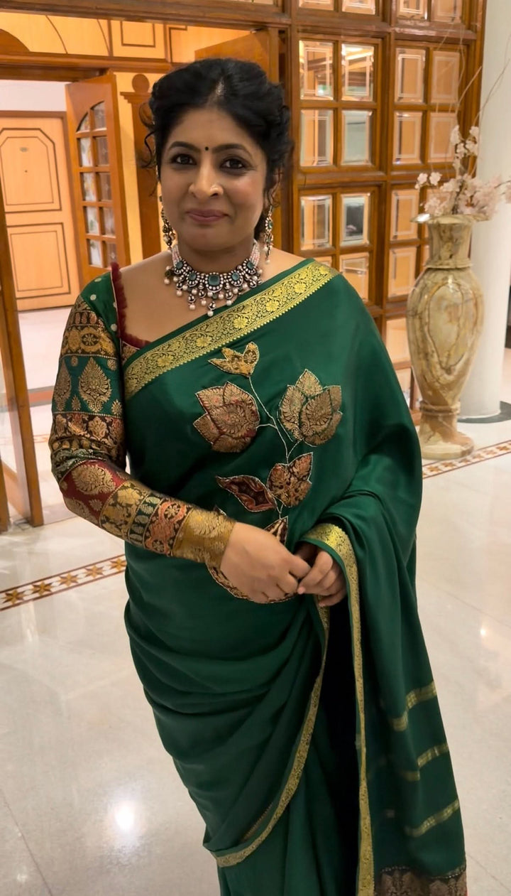Banarasi Brocade Applique and Light Cutdana Highlights on Pure Mysore Silk Saree in Emerald Green with Minimal Zari Borders | SILK MARK CERTIFIED | SHOBITAM