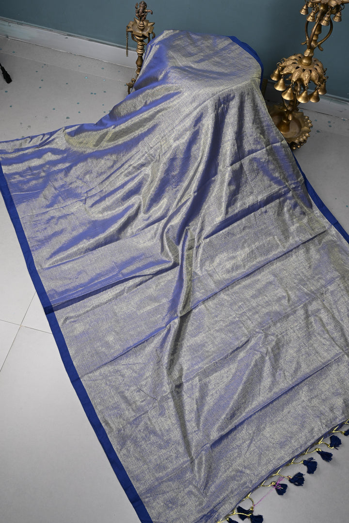 Blue-Gold Tissue by Tissue Saree with Minimal Border ,No Blouse Piece| SHOBITAM