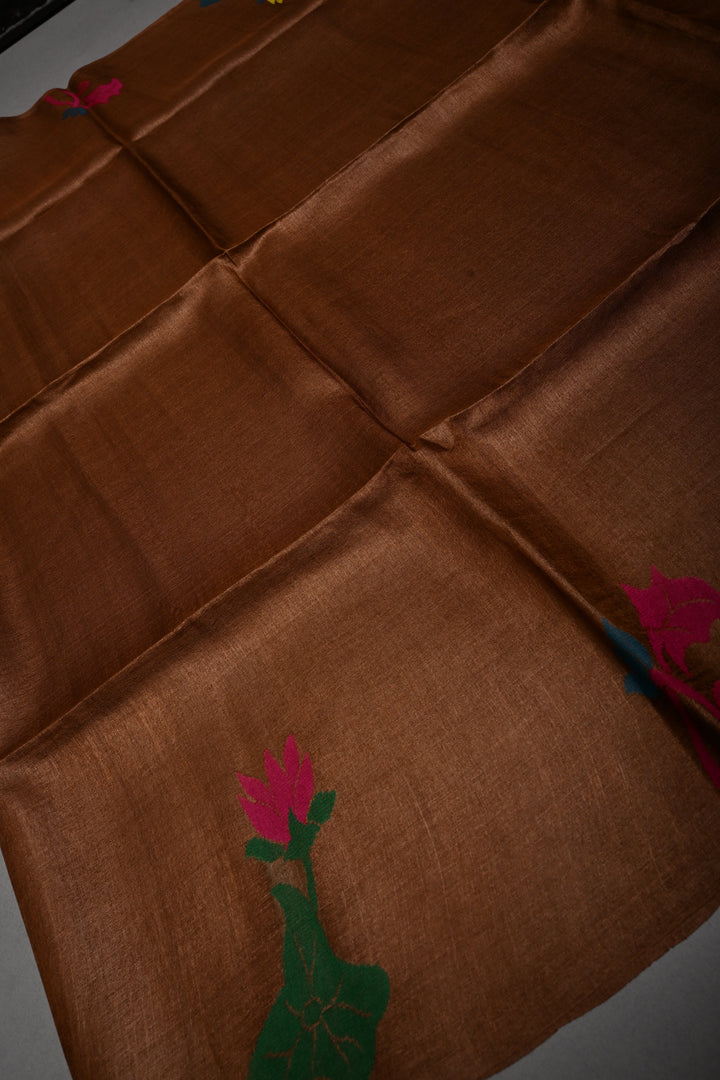 Coffee Brown Tussar Silk Saree with Jamdani Meenakari Weaving Buttas  | SILK MARK CERTIFIED | SHOBITAM