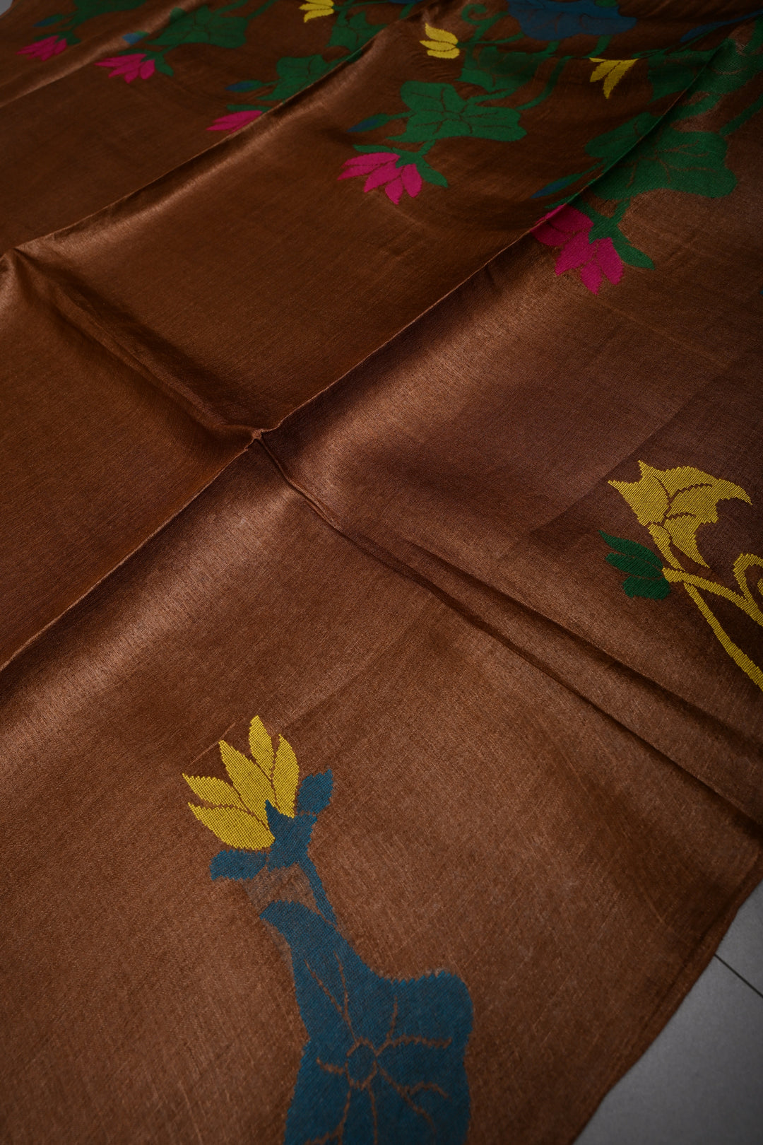 Coffee Brown Tussar Silk Saree with Jamdani Meenakari Weaving Buttas  | SILK MARK CERTIFIED | SHOBITAM