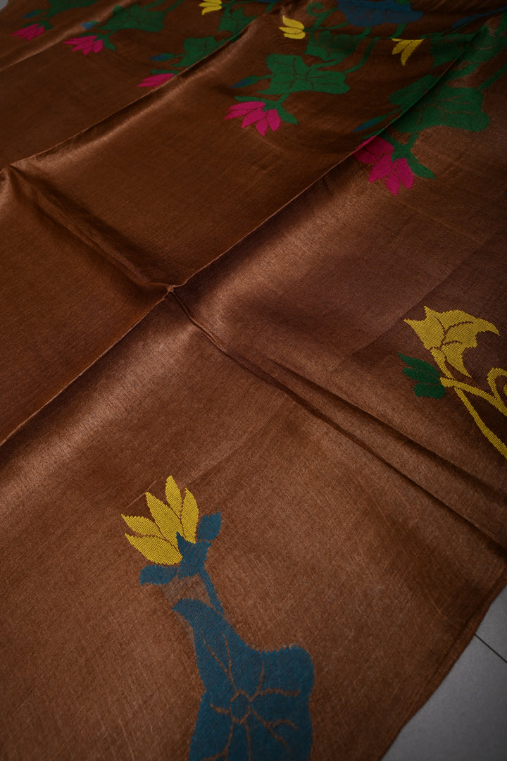 Coffee Brown Tussar Silk Saree with Jamdani Meenakari Weaving Buttas  | SILK MARK CERTIFIED | SHOBITAM