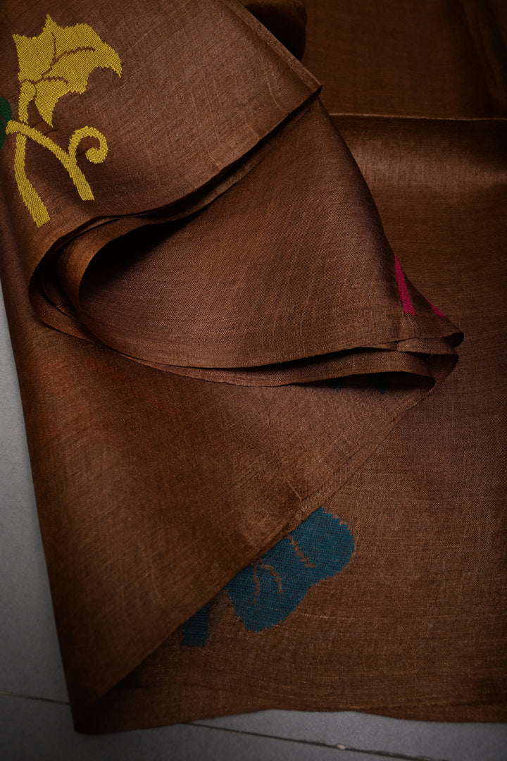 Coffee Brown Tussar Silk Saree with Jamdani Meenakari Weaving Buttas  | SILK MARK CERTIFIED | SHOBITAM