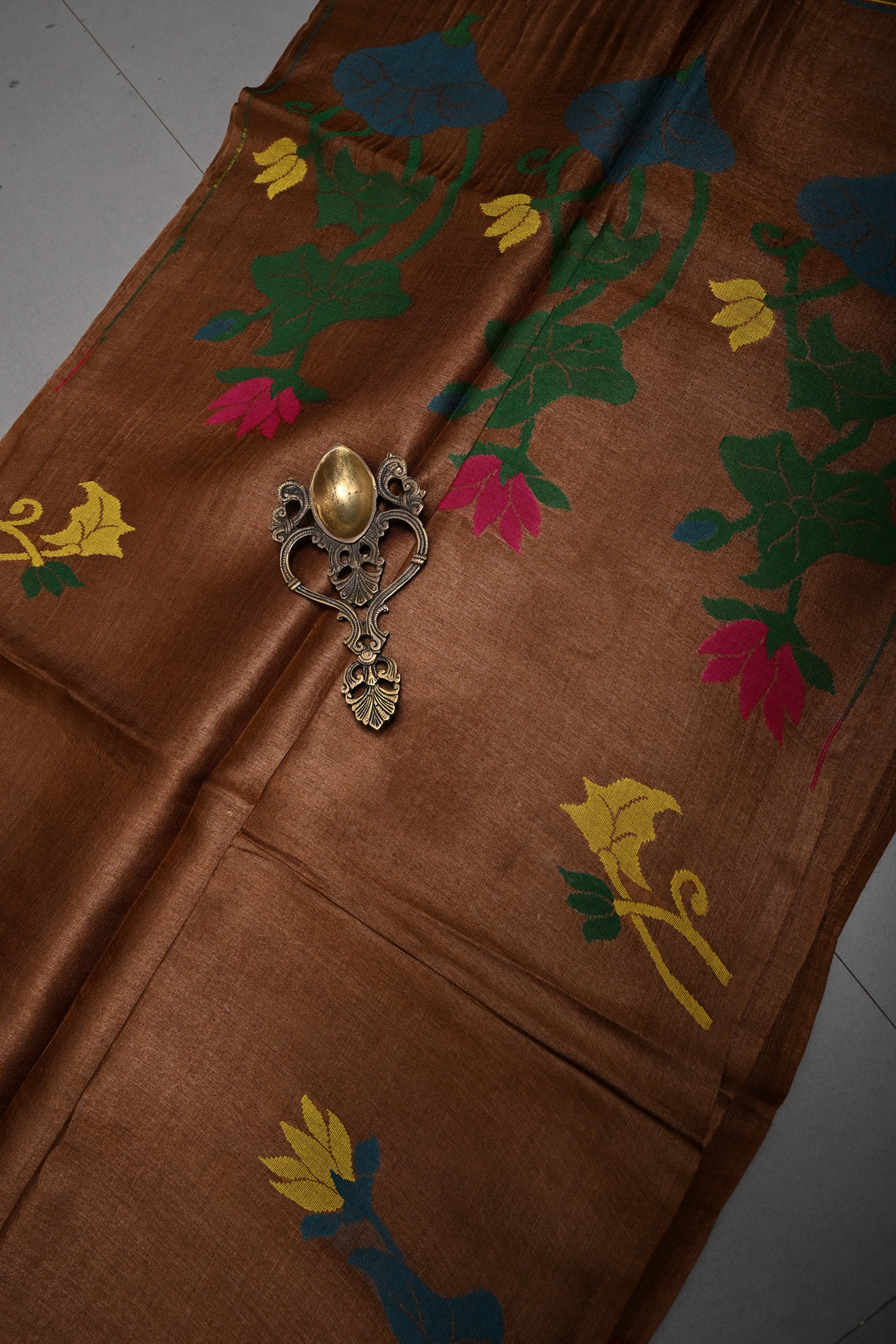 Coffee Brown Tussar Silk Saree with Jamdani Meenakari Weaving Buttas  | SILK MARK CERTIFIED | SHOBITAM