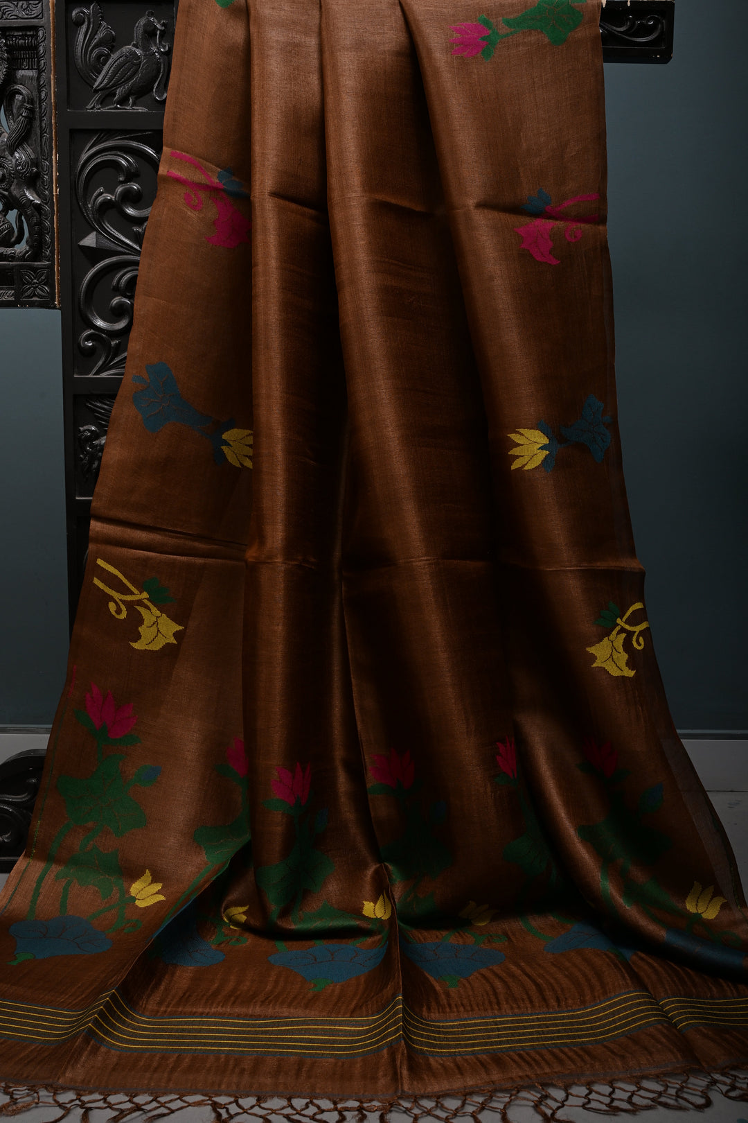 Coffee Brown Tussar Silk Saree with Jamdani Meenakari Weaving Buttas  | SILK MARK CERTIFIED | SHOBITAM