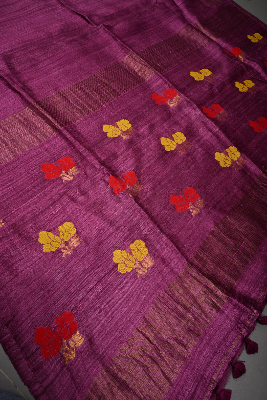 Magenta Geecha Tussar Silk Saree with Jamdani Meenakari Weaving and Zari Floral Border | SILK MARK CERTIFIED | SHOBITAM