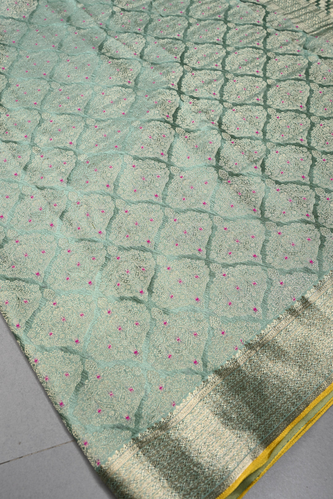 Sage Green Mysore Silk Saree with Meenakari Zari Brocade and Zari Border in KSIC Grade Thickness | SILK MARK CERTIFIED | SHOBITAM