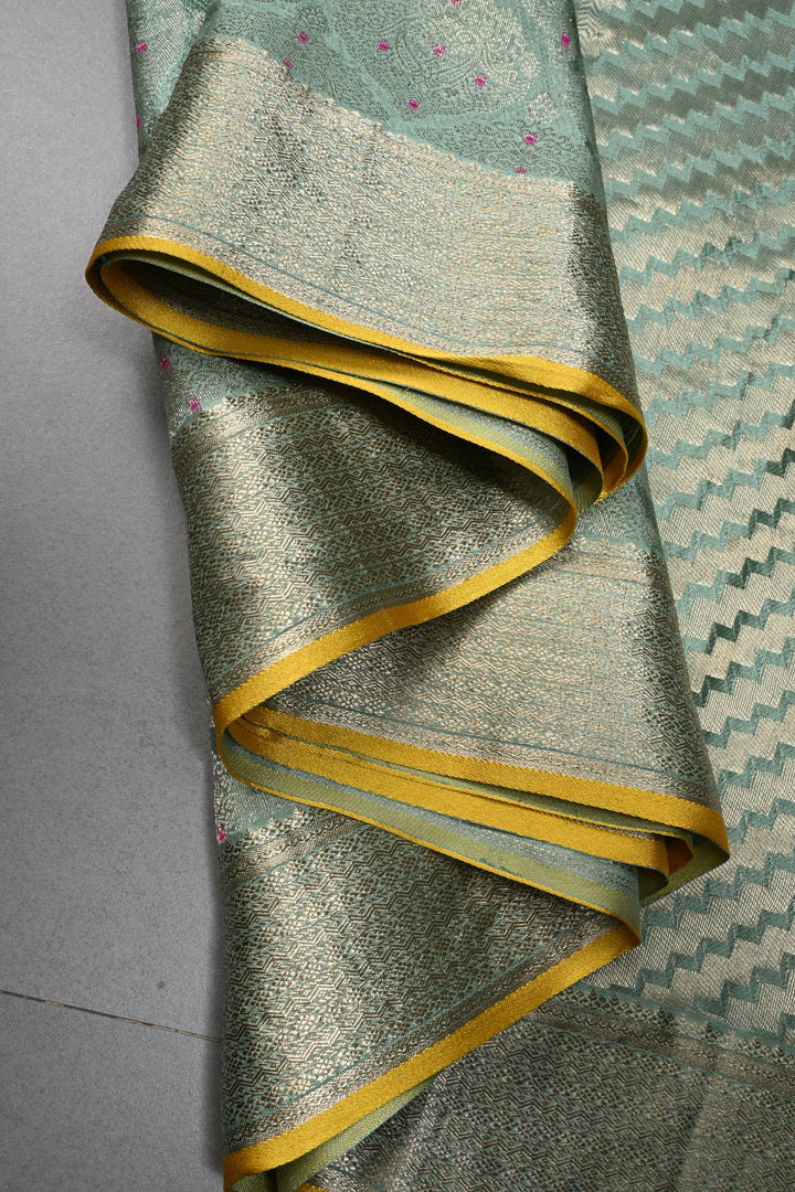 Sage Green Mysore Silk Saree with Meenakari Zari Brocade and Zari Border in KSIC Grade Thickness | SILK MARK CERTIFIED | SHOBITAM