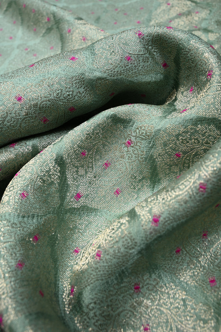Sage Green Mysore Silk Saree with Meenakari Zari Brocade and Zari Border in KSIC Grade Thickness | SILK MARK CERTIFIED | SHOBITAM