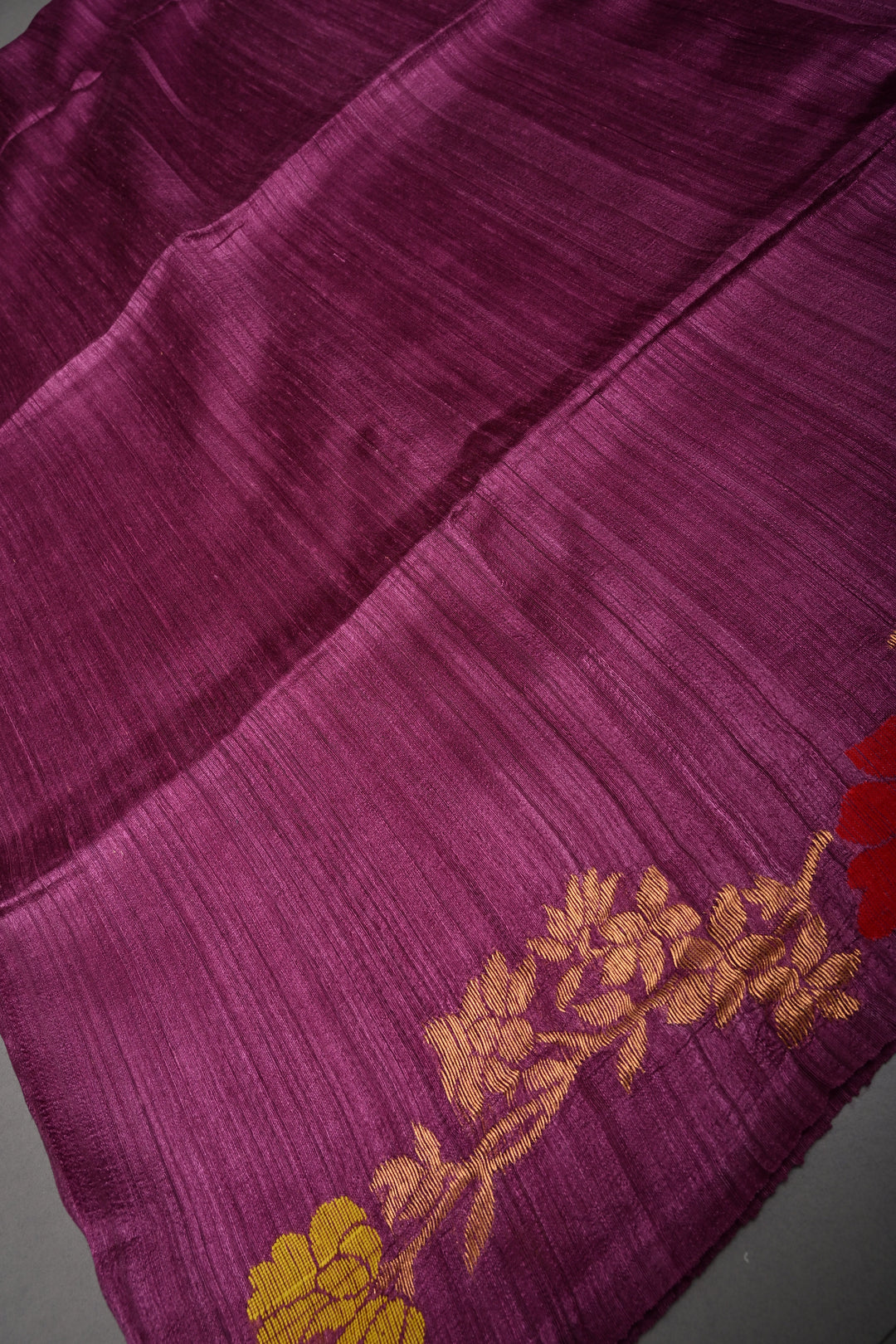 Magenta Geecha Tussar Silk Saree with Jamdani Meenakari Weaving and Zari Floral Border | SILK MARK CERTIFIED | SHOBITAM