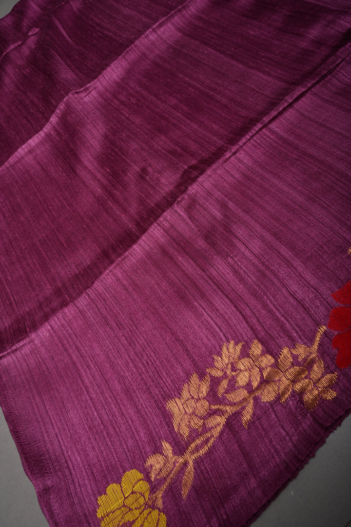 Magenta Geecha Tussar Silk Saree with Jamdani Meenakari Weaving and Zari Floral Border | SILK MARK CERTIFIED | SHOBITAM