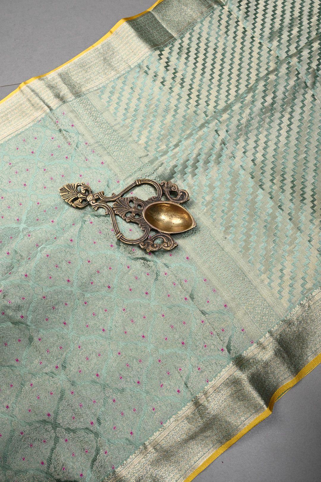 Sage Green Mysore Silk Saree with Meenakari Zari Brocade and Zari Border in KSIC Grade Thickness | SILK MARK CERTIFIED | SHOBITAM