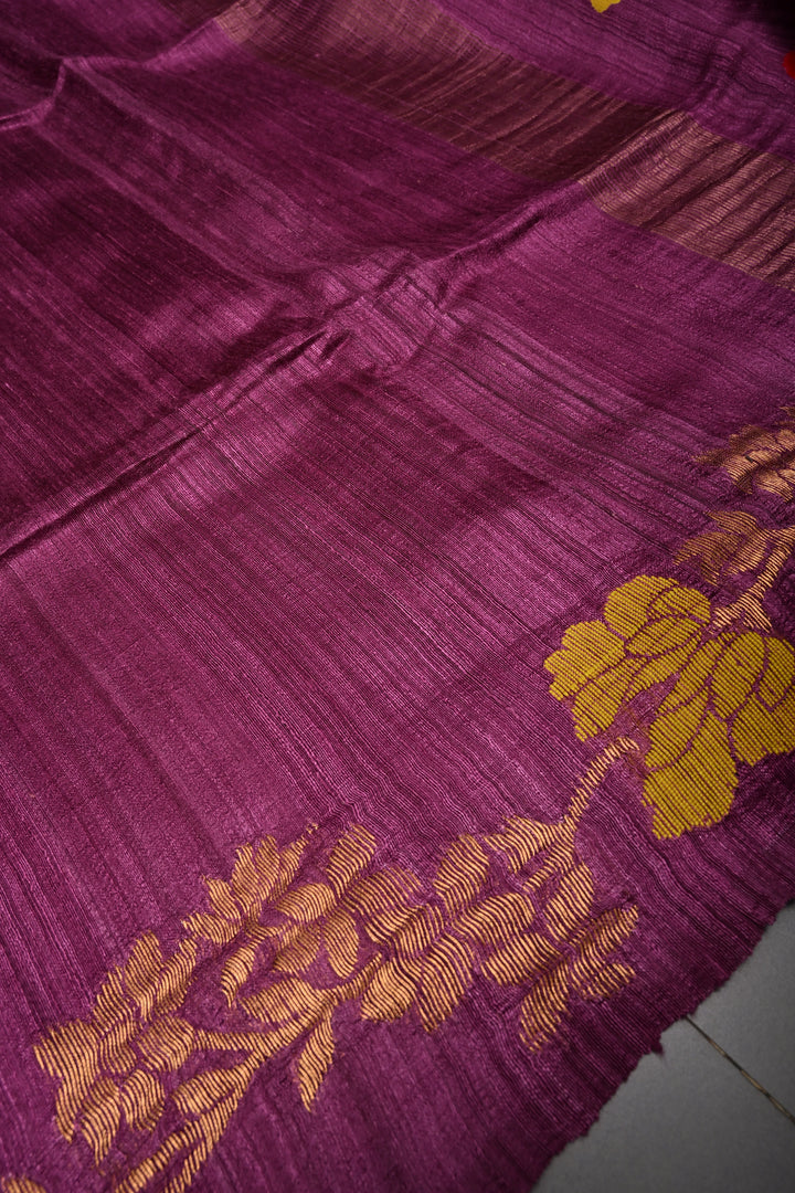 Magenta Geecha Tussar Silk Saree with Jamdani Meenakari Weaving and Zari Floral Border | SILK MARK CERTIFIED | SHOBITAM