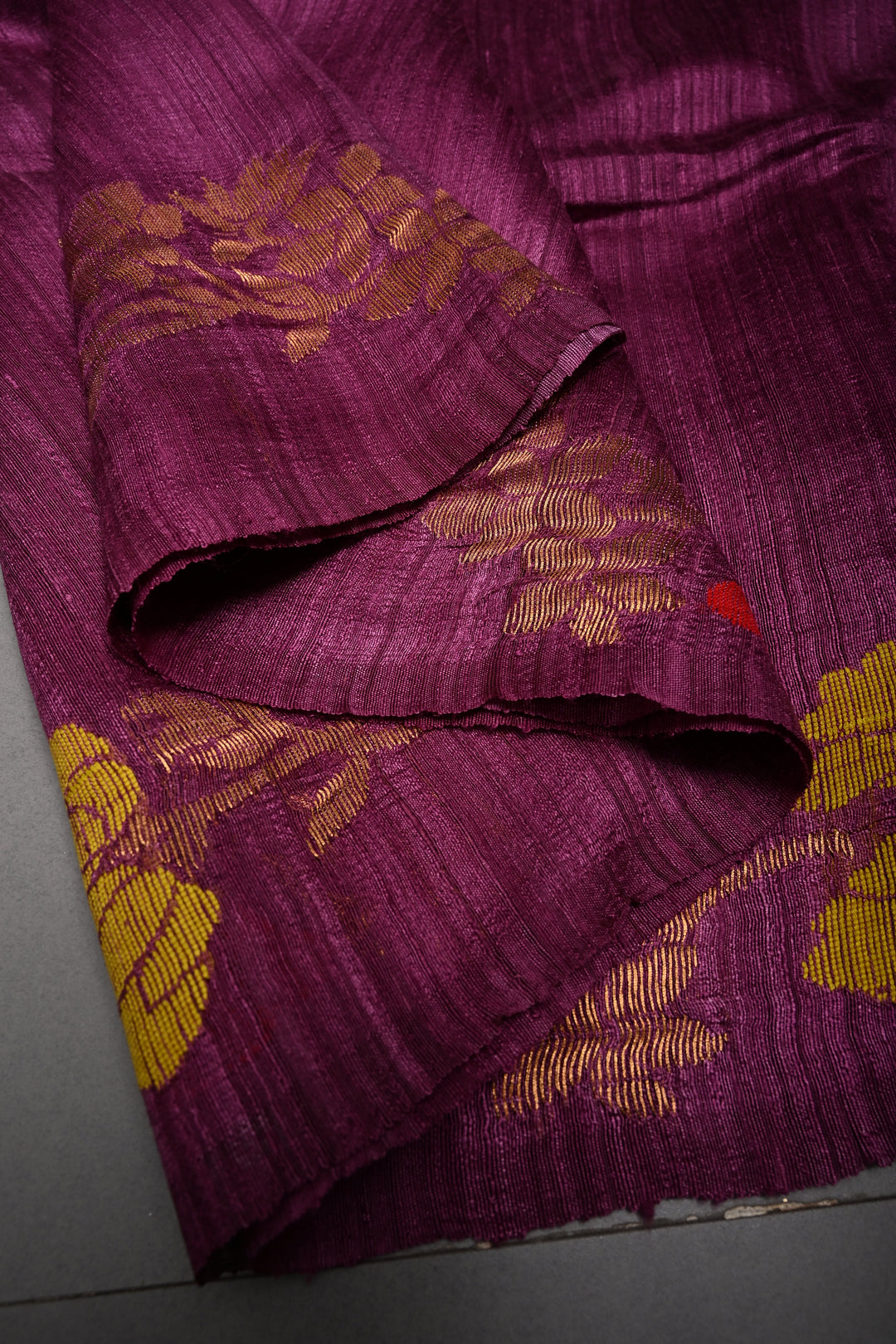 Magenta Geecha Tussar Silk Saree with Jamdani Meenakari Weaving and Zari Floral Border | SILK MARK CERTIFIED | SHOBITAM