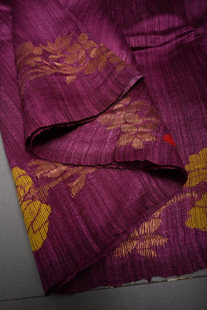 Magenta Geecha Tussar Silk Saree with Jamdani Meenakari Weaving and Zari Floral Border | SILK MARK CERTIFIED | SHOBITAM