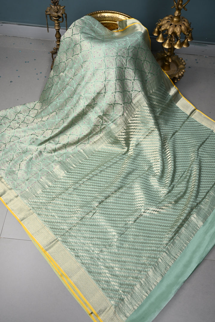 Sage Green Mysore Silk Saree with Meenakari Zari Brocade and Zari Border in KSIC Grade Thickness | SILK MARK CERTIFIED | SHOBITAM