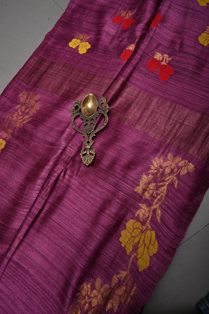 Magenta Geecha Tussar Silk Saree with Jamdani Meenakari Weaving and Zari Floral Border | SILK MARK CERTIFIED | SHOBITAM