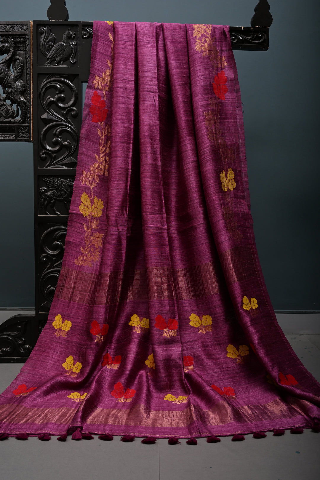 Magenta Geecha Tussar Silk Saree with Jamdani Meenakari Weaving and Zari Floral Border | SILK MARK CERTIFIED | SHOBITAM