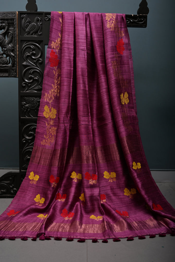 Magenta Geecha Tussar Silk Saree with Jamdani Meenakari Weaving and Zari Floral Border | SILK MARK CERTIFIED | SHOBITAM