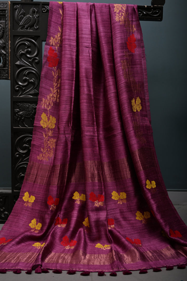 Magenta Geecha Tussar Silk Saree with Jamdani Meenakari Weaving and Zari Floral Border | SILK MARK CERTIFIED | SHOBITAM