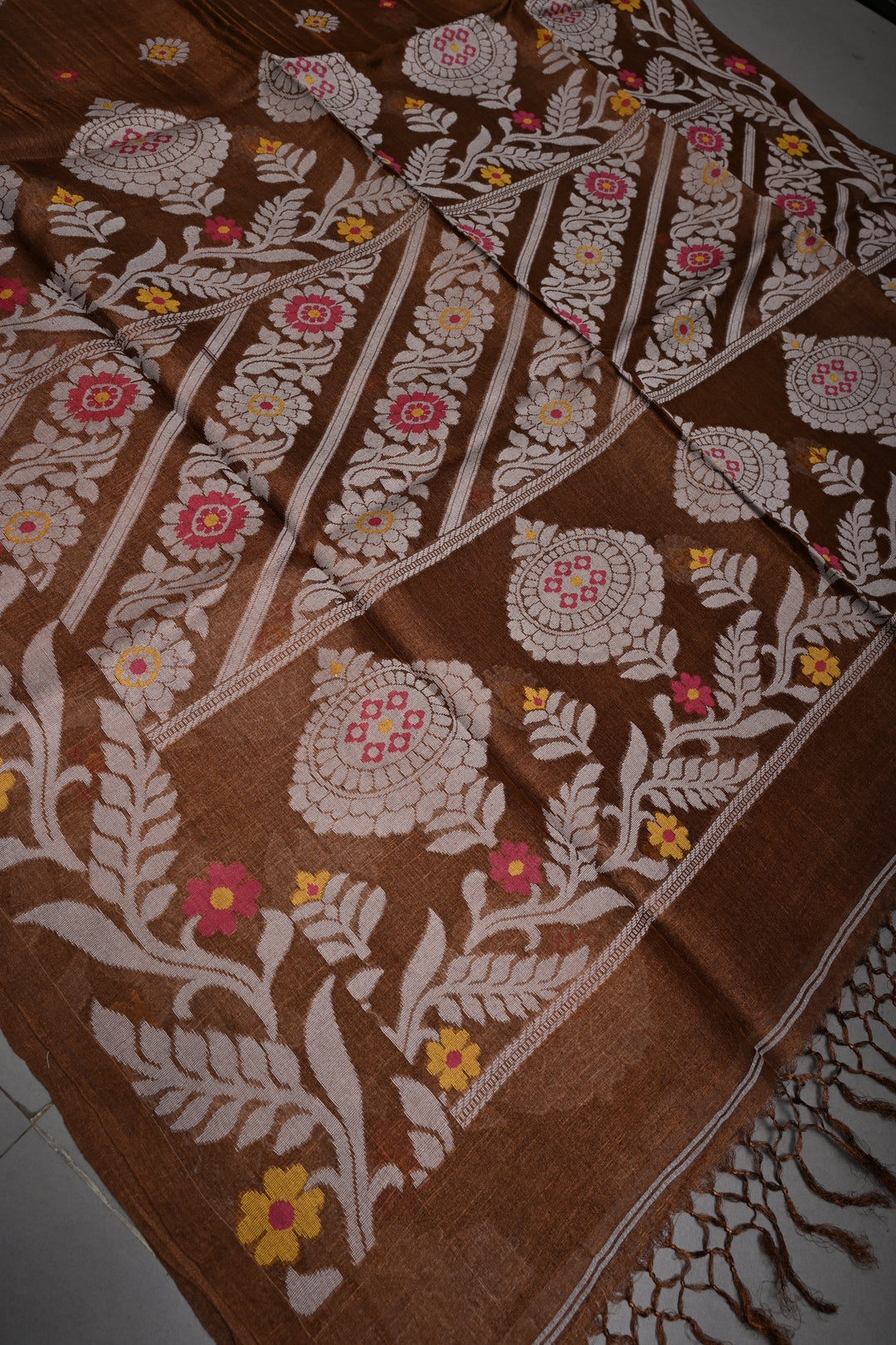 Coffee Brown Tussar Silk Saree with Jamdani Weave Buttas and Border  | SILK MARK CERTIFIED
