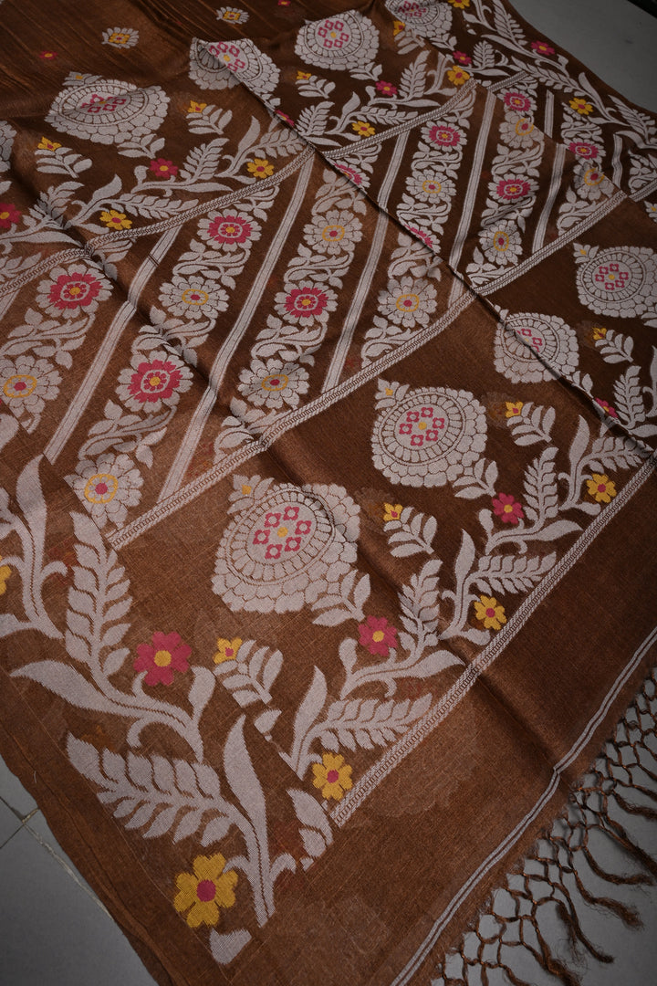 Coffee Brown Tussar Silk Saree with Jamdani Weave Buttas and Border  | SILK MARK CERTIFIED